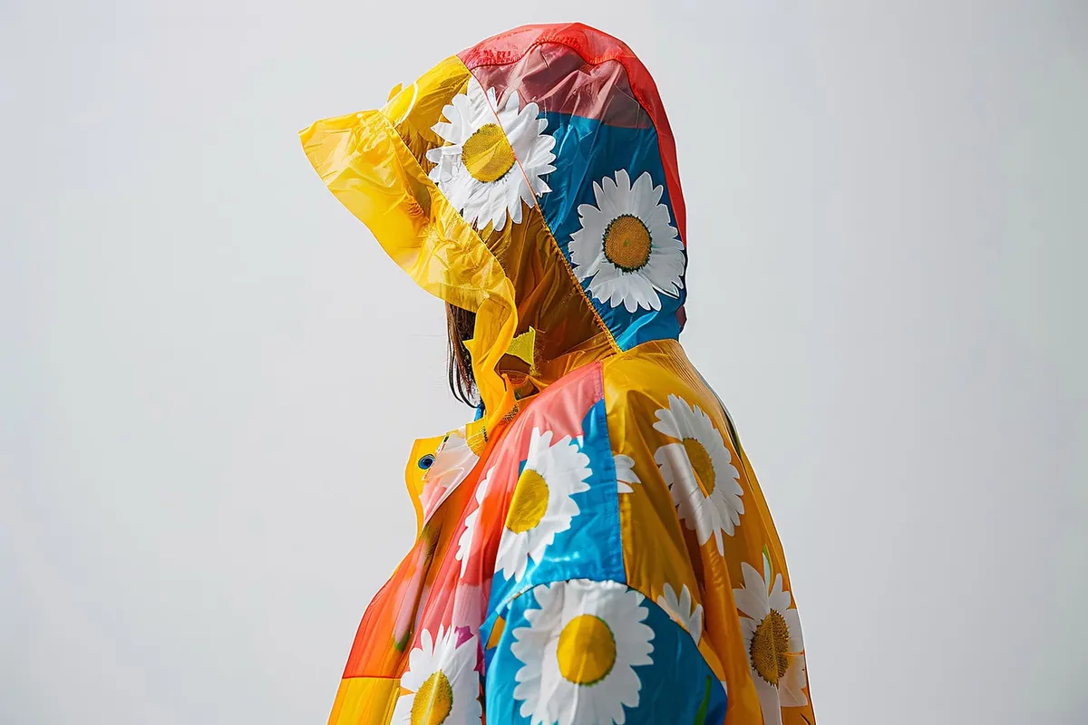 A person wearing a raincoat with flowers on it