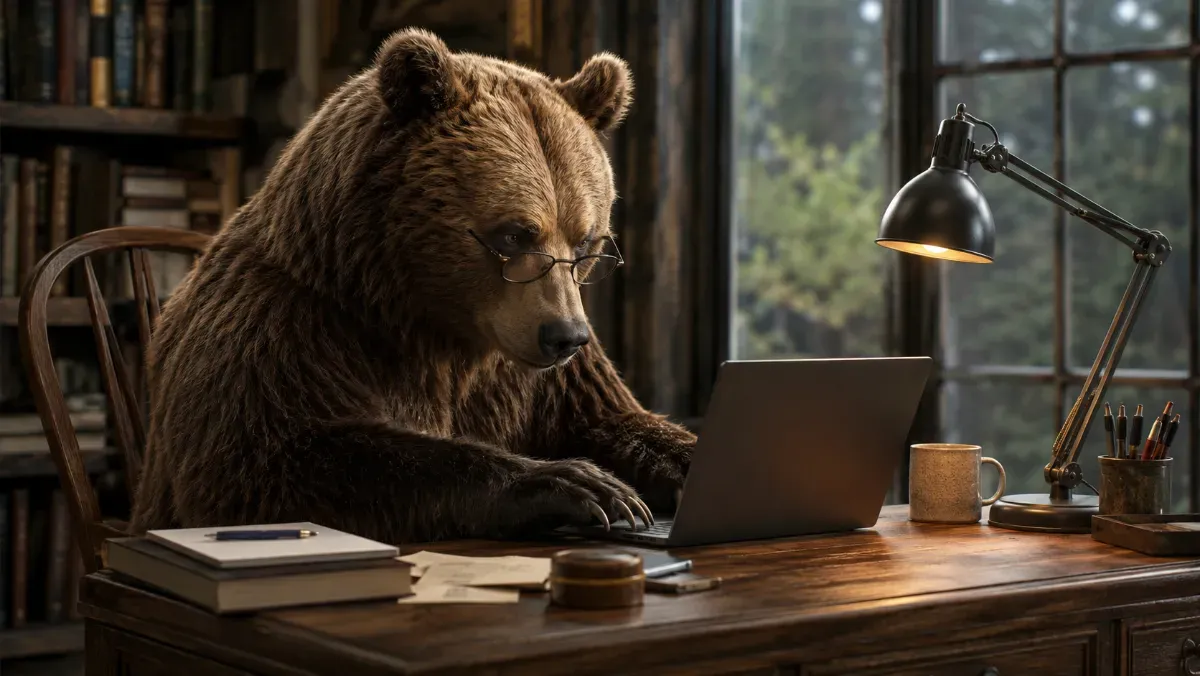 A bear sitting at a desk typing on a computer. AI
