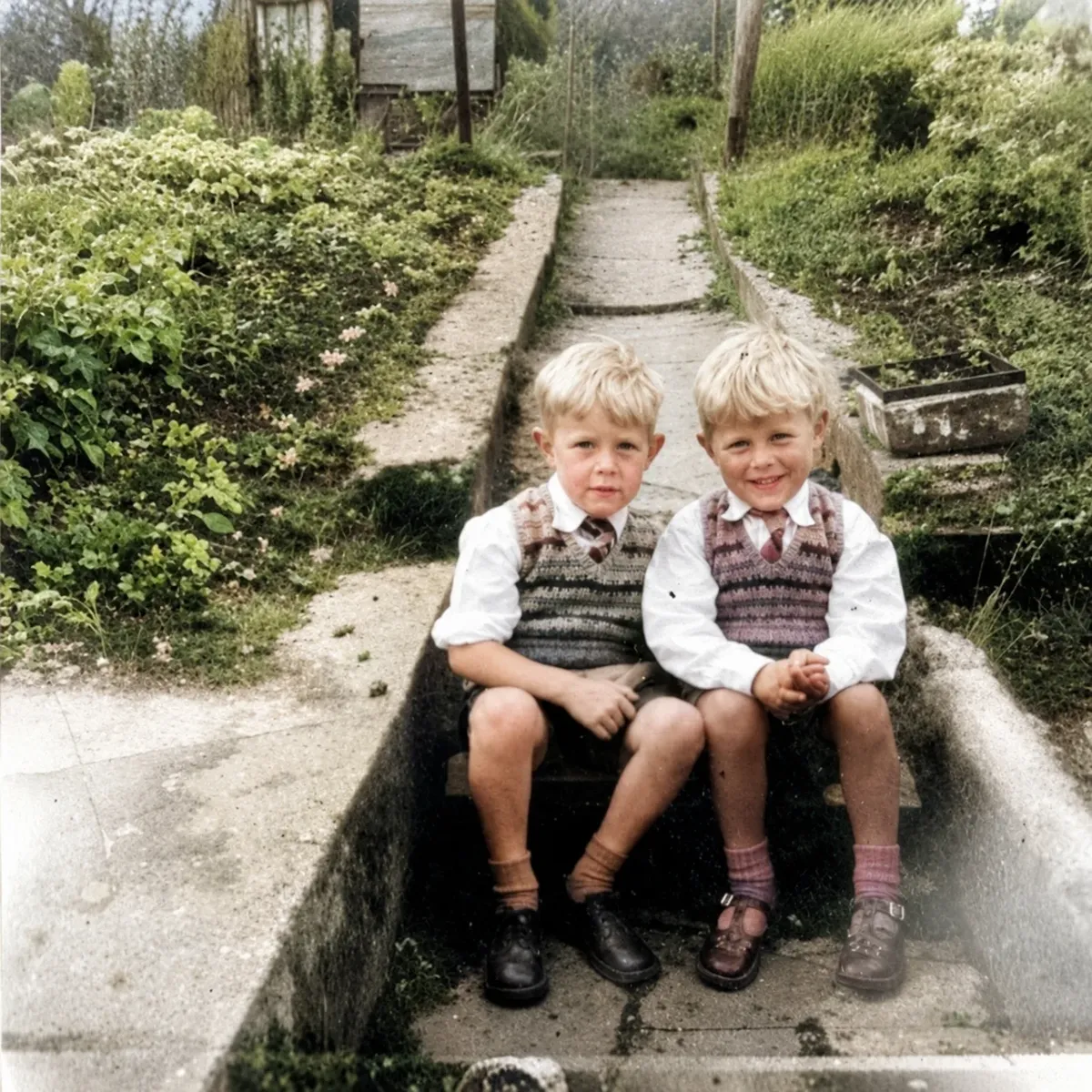 Colourised version of two 5 and 6 year old brothers sitting on the back step dressed in their Sunday best in the late 1950s.