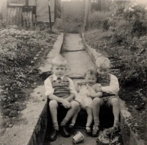 Two brothers dressed up for Whitsun with their sister, sitting on back garden steps. The photo was taken around 1959