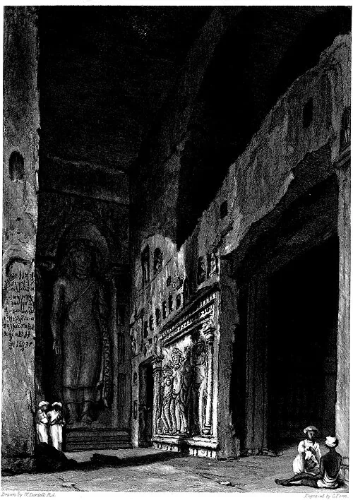 A black and white etching of the entrance to a cave. It has been modified by humans, making the face of the cave wall flat and covering it in relief carvings of human figures and text. Several people sit round the entrance wearing flowing robes and turbans.