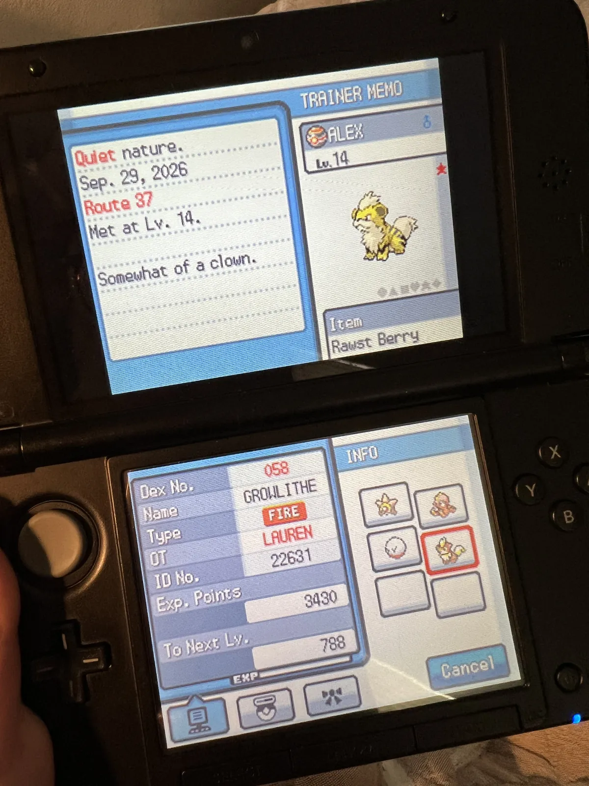 Pokedex entry for the recently caught shiny Growlithe I nicknamed 