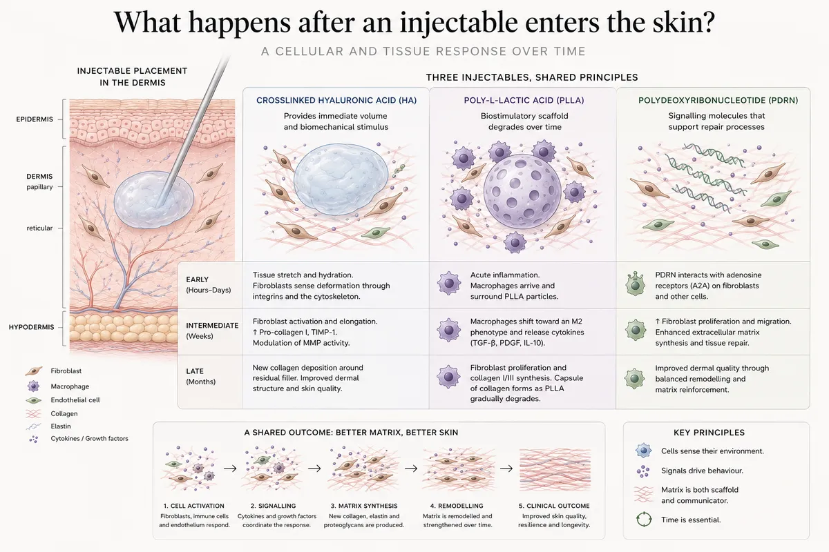 Diagram showing how HA, PLLA and PDRN can produce different cellular and tissue responses after injection into the skin