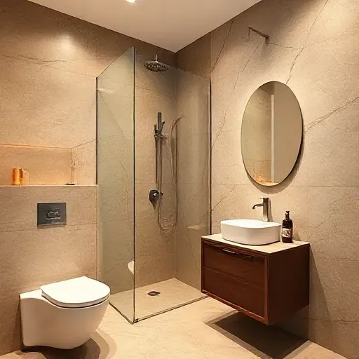 toilet design, eclectic, modern, warm, rainshower, glass partition, sink with vanity cabinet 2