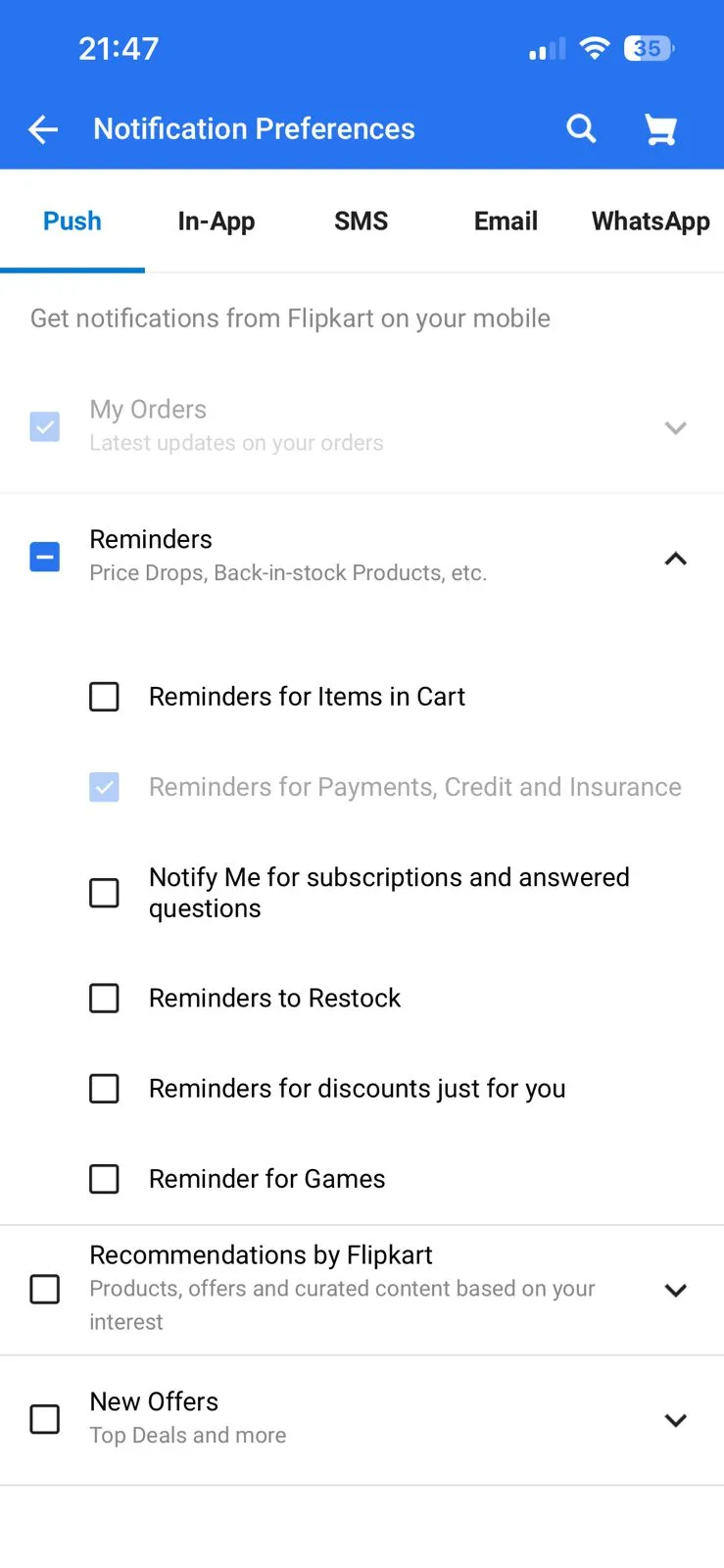 Flipkart notification settings