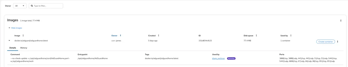 Cockpit showing adguard-home image