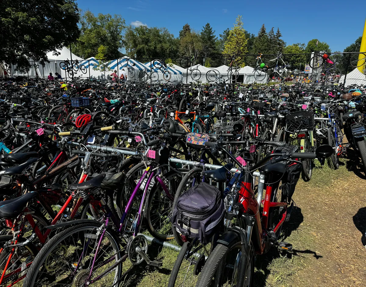 Hundreds of bikes parked in a bicycle parking lot at the Minnesota State Fair