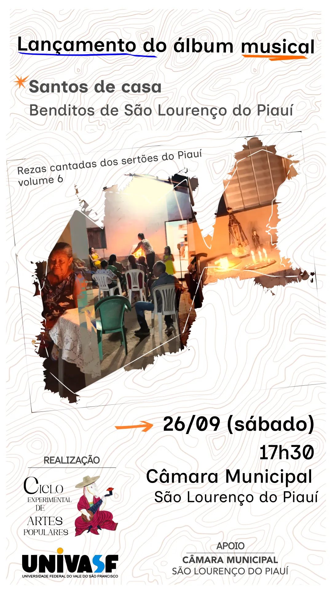 Cartaz de divulgação de lançamento do álbum do rezas de Santos de Casa em São Lourenço do Piauí, 2026