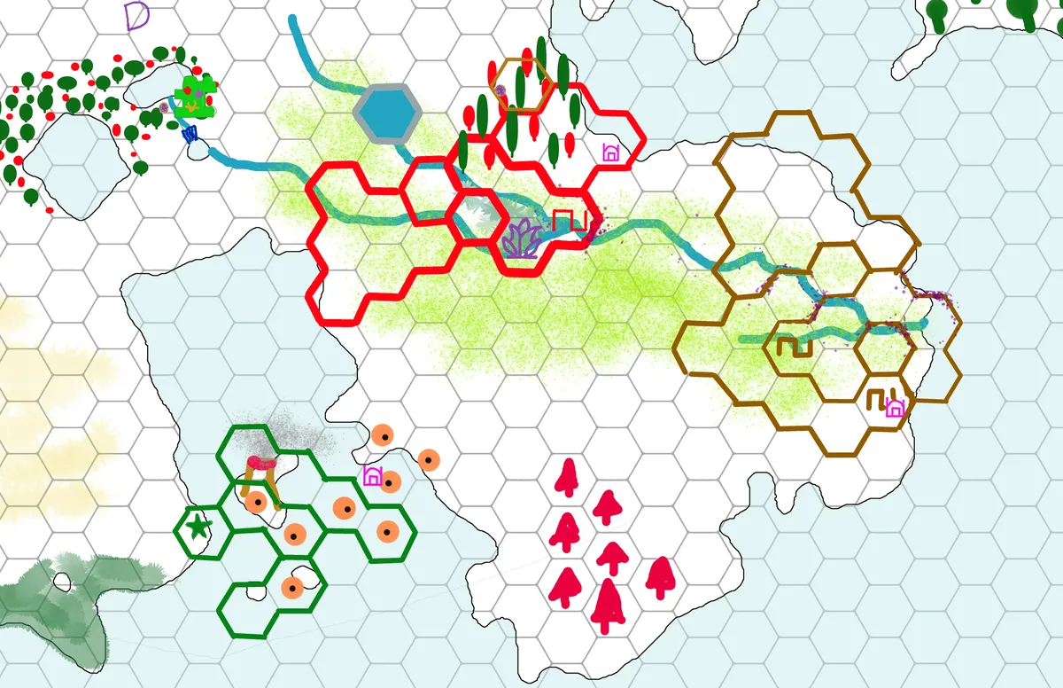 Ancient Age. Three civilizations have grown across the land - dragonfolk in the southwest, clannish slime people in the north, and farming catfolk to the east. By the end of the Age, only the dragons continue as a civilization, with the other two leaving behind ruined cities. Forests full of tree-like mushrooms have sprung-up and an immortal slime wizard has built a living tower near the lakes.