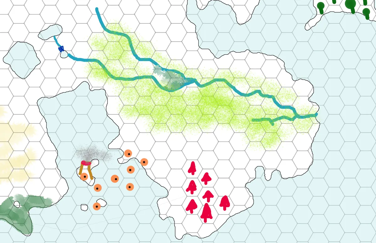 Primordial Age. A single peninsula from a much larger map. Players have placed down rivers, grassland, swamps, and mushroom forests. A waterfall connects the two lakes and a volcano sits on an island connected to the peninsula by underground caves.