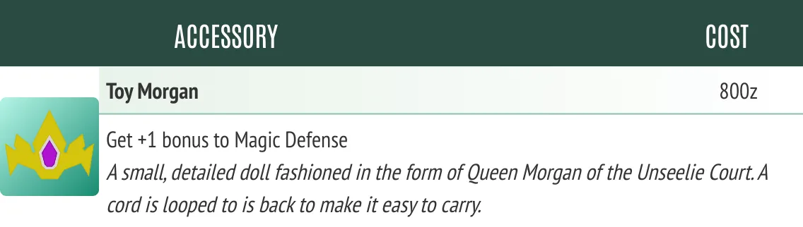 Toy Morgan. A picture of an item card for a Toy Morgan accessory. The item is worth 800 zennit and grants a plus one bonus to Magic Defense while equipped. Descriptive text for it states 