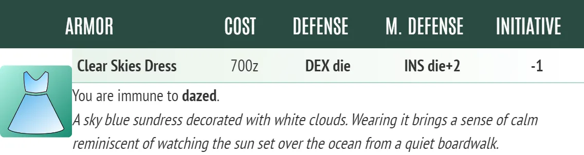 A picture of the Fultimator item card for a piece of armor called "Clear Skies Dress." The dress is described as "A sky blue sundress decorated with white clouds. Wearing it brings a sense of calm reminiscent of watching the sun set over the ocean from a quiet boardwalk." The armor costs 700 zenit, has a Defense equal to the wearer's Dexterity score, a Magic Defense of the wearer's Insight score plus two, an Initiative modifier of negative one, and makes the wearer immune to dazed. The dress is represented by an icon of a sky blue and pale white dress.