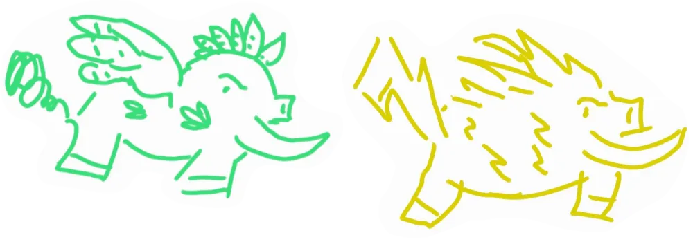 A picture of two variants of Boarling, a kind of cartoon pig monster. The left image is a line drawing of a green, cartoon boar with feathered wings. The right image is a line drawing of a yellow, cartoon boar with a large, lightning-bolt tail.