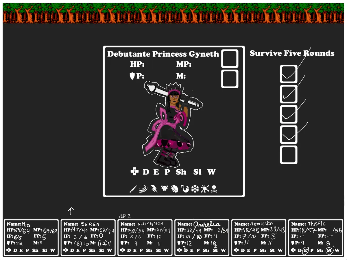 A picture of a battle screen reminiscent of an 8-bit Japanese RPG video game. It is a black screen with a white boarder. At the top of the screen is pixel art of trees. At the bottom is a series of small stat blocks, one for each party member, with key statistics filled-in. In the center is a large stat block with spaces for tracking effects and statistics for a foe. The large, central stat block is labeled 