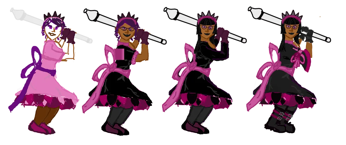 A collection of four drafts of character art for Princess Gyneth arranged in a row. The first draft has a sillhouette for a body, has purple, ringlet hair, and is wearing a pink dress with a purple ribbon, brown hose, and pink slippers. The second draft has brown skin instead of a sillhouette and is wearing a black dress with short sleeves ending in pink ruffles, a pink bow around her waist, a pink color, black hose, and purple-and-black slippers. The third draft has long black hair and the dress now has long sleeves with no collar or ruffles. The fourth and final draft has sleeves that open-up and are gathered at her upraised elbow, a ribbon on the arm facing the viewer, and is wearing black boots with purple belts on them instead of slippers.