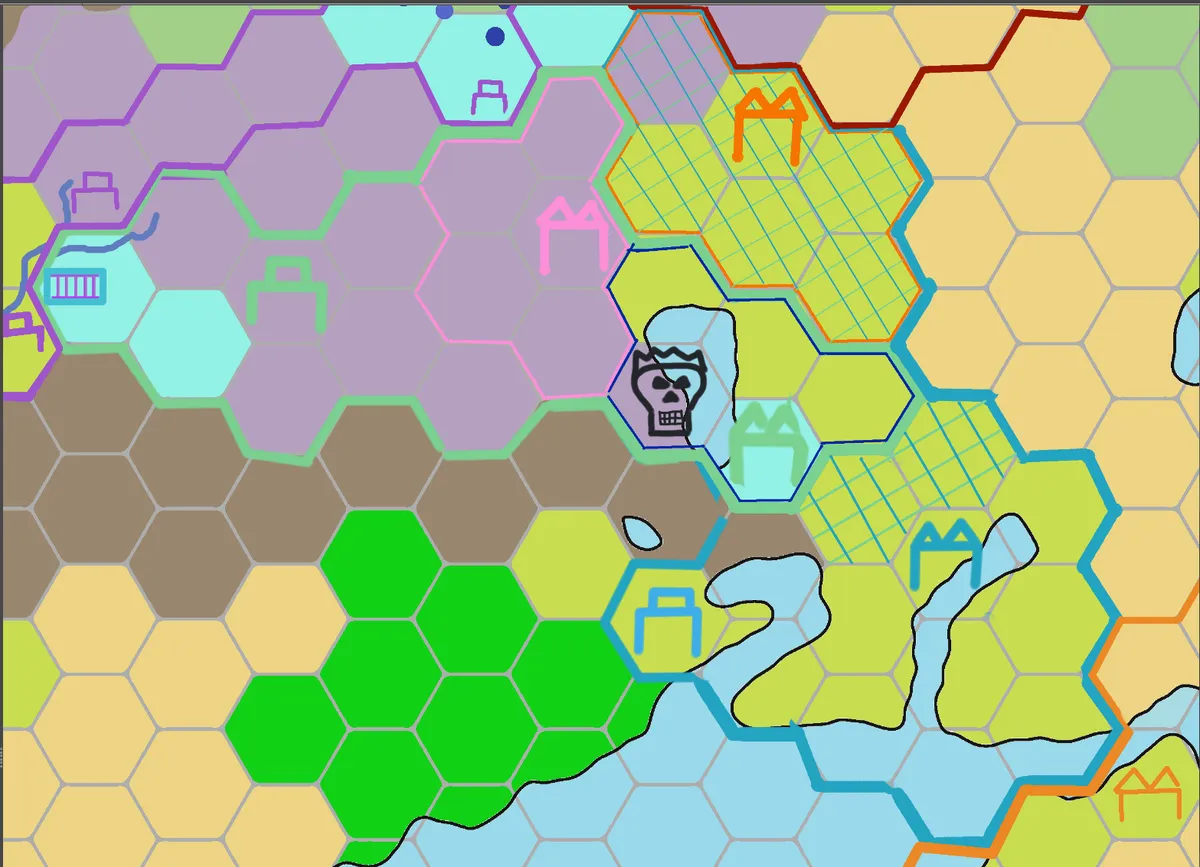A map of the Kingdoms of Ysbridia and Nova Sinfonia, plus their associated neighbors. We settled on focusing the game around this region of the larger world we built in Worldwizard.
