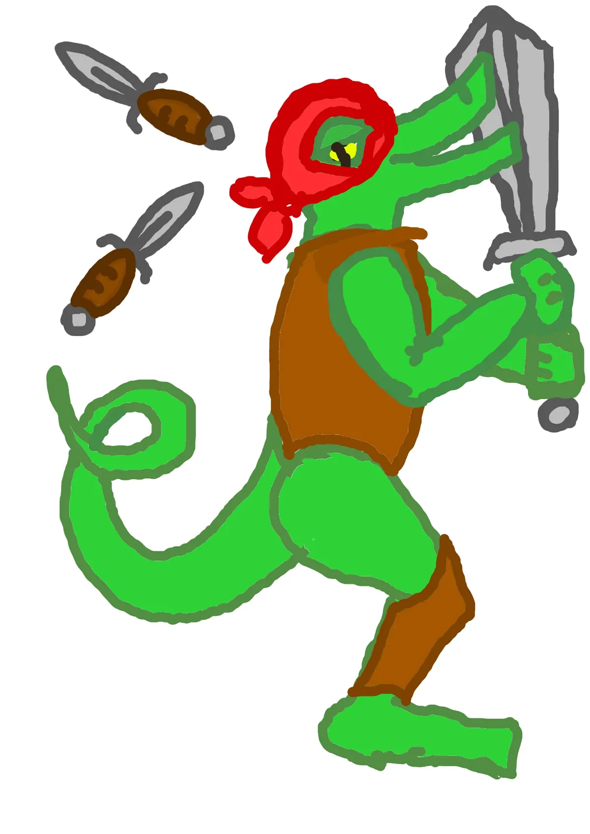 A picture of a Longtail Bandit. It depicts a green lizardman wearing brown armor as well as a red bandana with a cut-out for his eye to look from. The lizardman has a cocksure grin, holds a sword with his hands, and is juggling two knives with his tail.