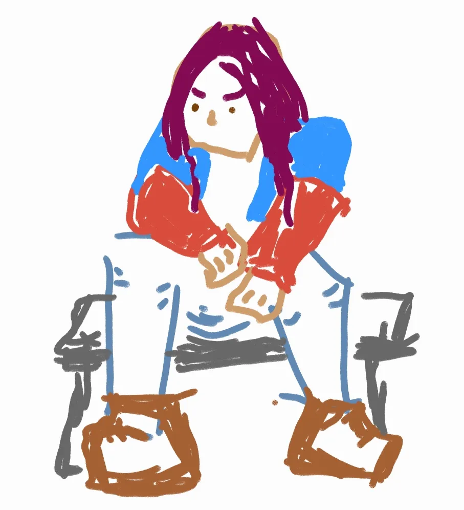 A digital drawing of a sullen woman named Matty. The drawing was made on a smartphone in a notes app, so is simplistic. Matty sits hunched on a gray stone bench. She has tan skin, wine-dark purple hair, a blue vest, a long-sleeved red-shirt, denim-blue long pants, and brown shoes.