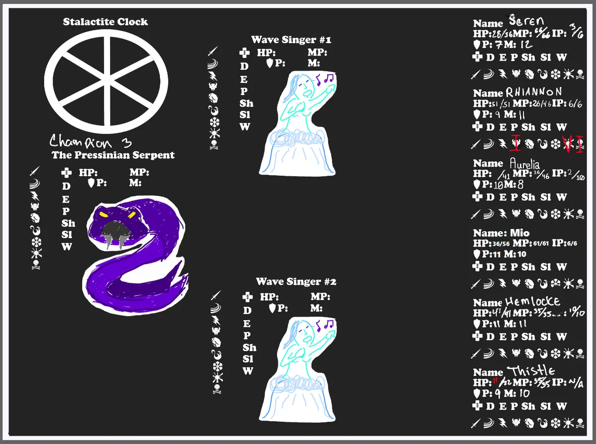 A screenshot of Clouder's Conflict UI. It is a black image with a white border. On the right side of the screen are entries in white text where the party has filled in their character information. On the left side, taking-up two-thirds or more of the image, are pictures of The Pressinian Serpent and two Wave Singers. Each is accompanied by white text blocks that the players can use to fill in details for the creatures, including their health points, magic points, defense scores, status conditions, and elemental affinities. A large wheel with spokes aligned to break it into six pieces sits in the upper left corner and is labeled "Stalactite Clock."