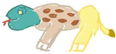 A picture of a chimeric beast drawn in a children's book style. The creature is named Questy and has the large head of a serpent, the body of a jaguar, the rear of a lion, and the legs of a hind.