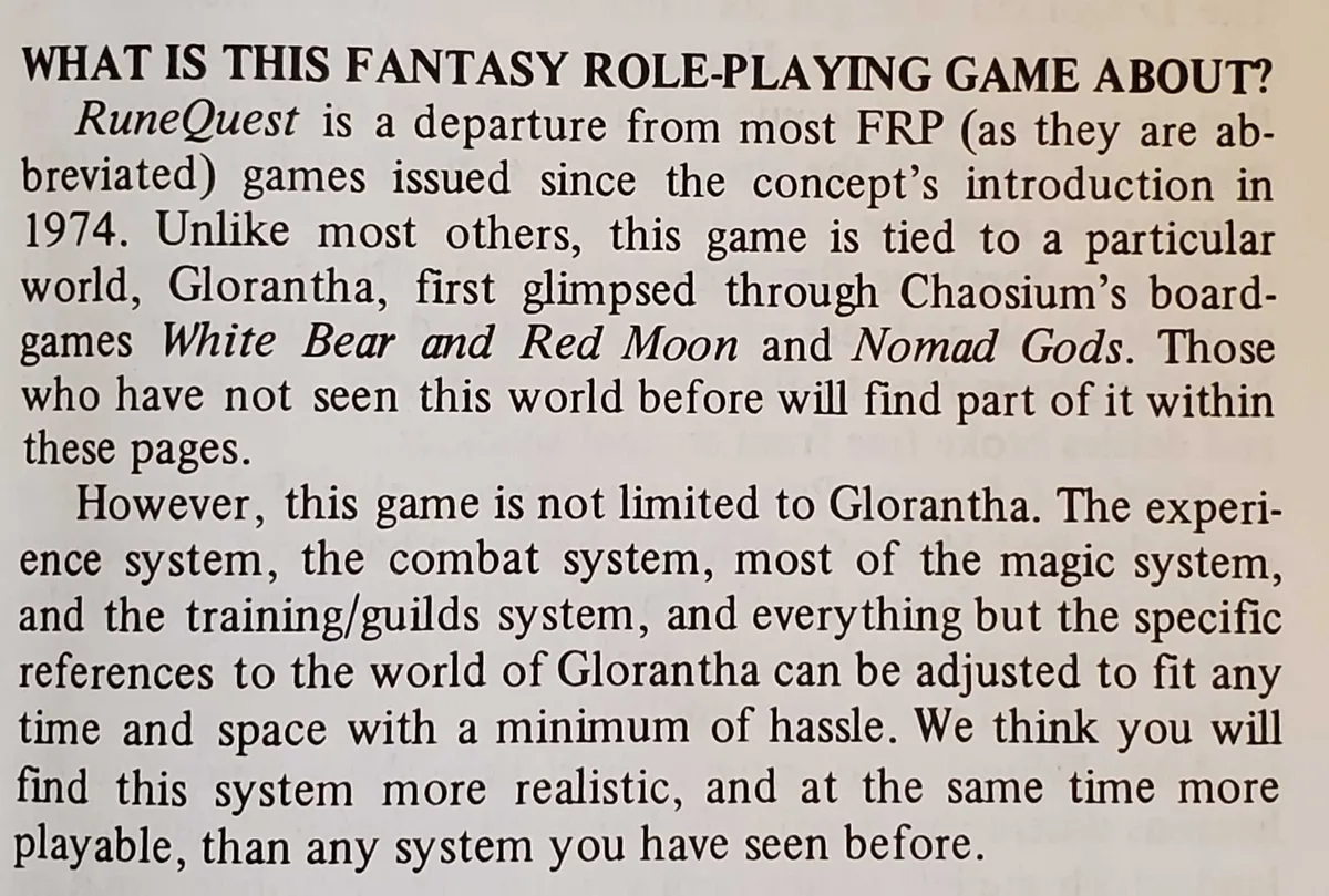 This is a photograph of a section from RuneQuest second edition titled 