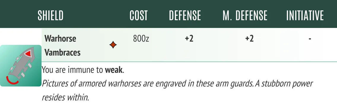 Warhorse Vambraces. This is a picture of the stat block for a shield named Warhorse Vambraces. It is a martial shield, grants the bearer a +2 bonus to defense and magic defense, and makes the wearer immune to the weak status condition. Descriptive text states “Pictures of armored warhorses are engraved in these arm guards. A stubborn power resides within.”