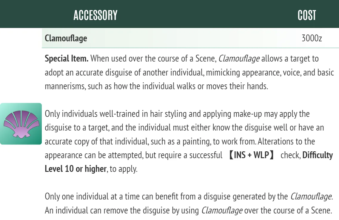 A picture of a Fabula Ultima item card generated in Fultimator. The item is an accessory, is named Clamouflage, and costs 3,000 zenit. The description states
