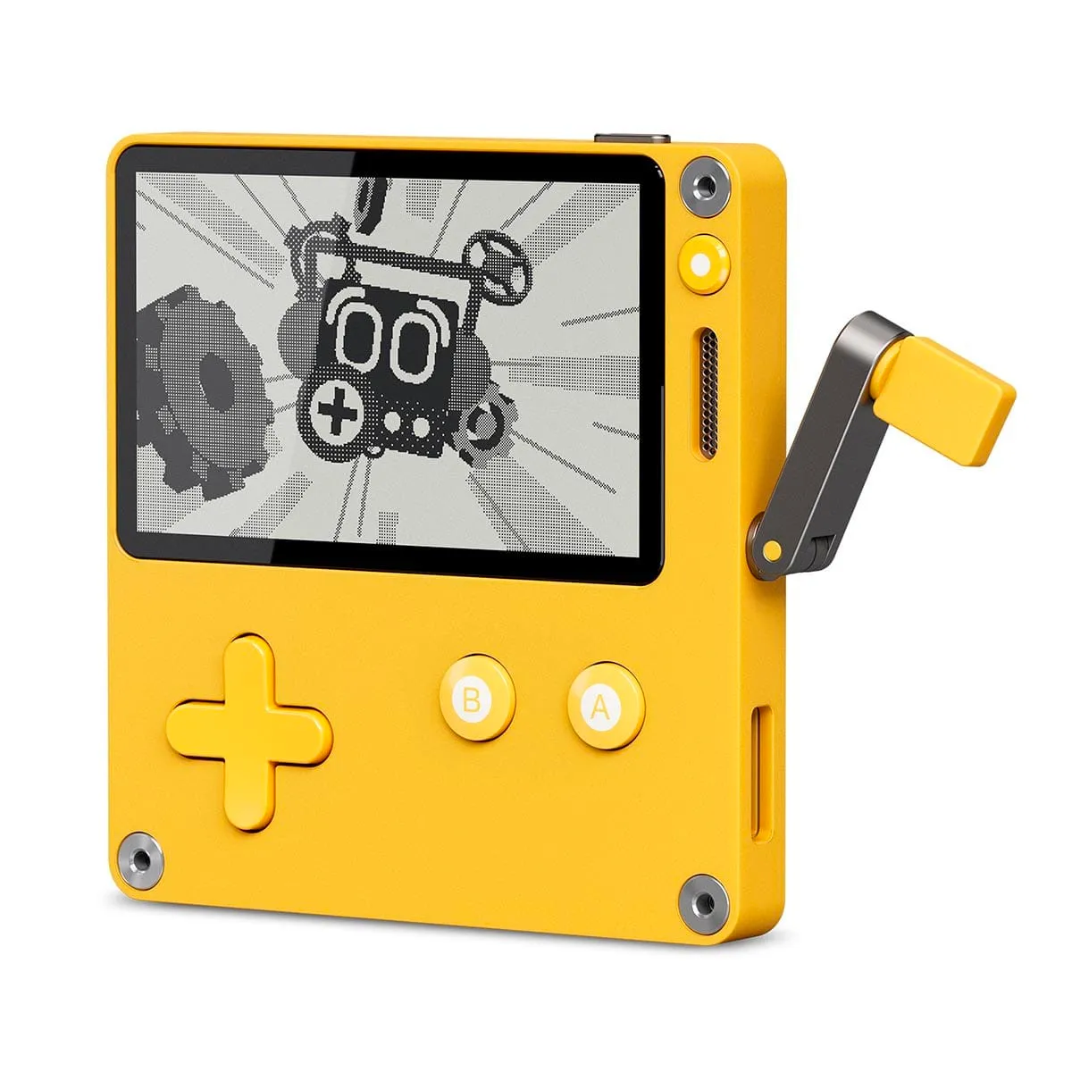 Playdate console colored in yellow with a silver crank arm and yellow handle