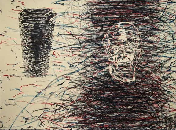 Artwork titled 'Man in a Storm' by Ralph L. Steeds. A portrait of a man's face on the right is heavily obscured by aggressive, swirling scribbles of black, blue, and red lines, creating a texture of chaos. To the left, a dark, dense, tornado-like column spins in isolation with a figure inside against a plain background.