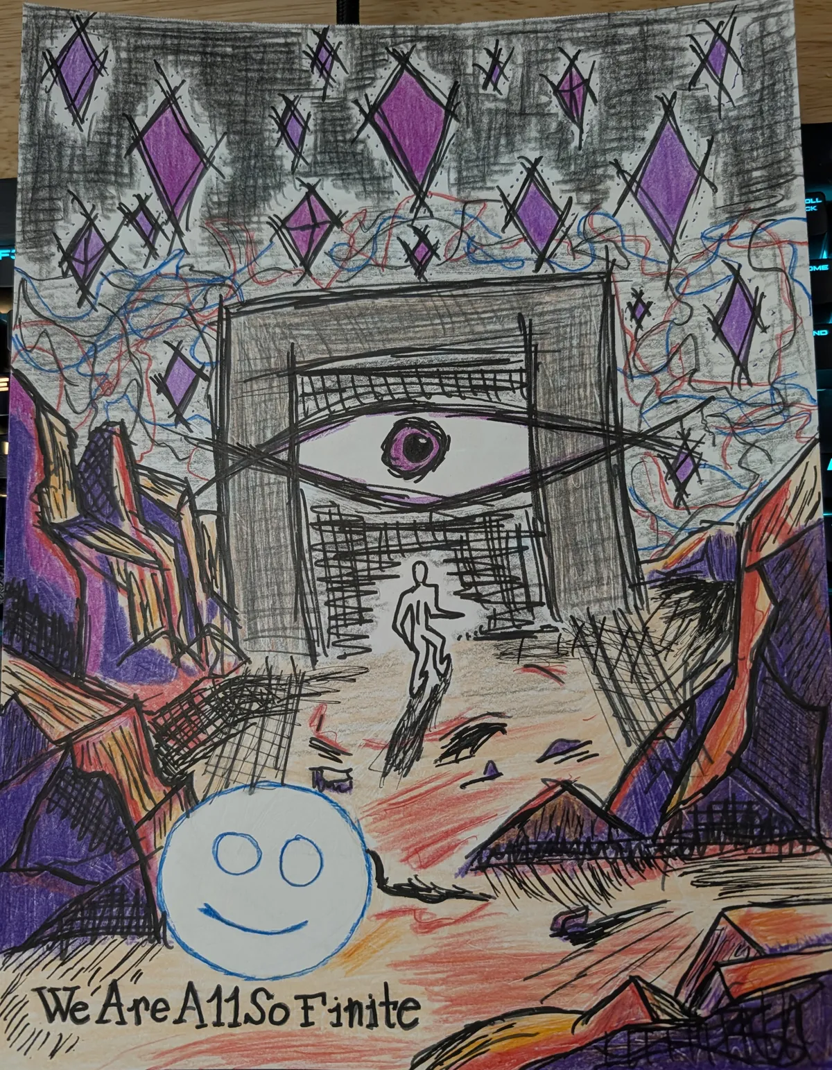 A mixed-media drawing titled 'We Are All So Finite'. In the center, a massive grey stone gateway looms over a barren landscape; a single giant eye embedded in the stone watches a small, silhouetted human figure walking into the dark threshold. The sky is filled with chaotic dark scribbles and floating purple diamonds. In the bottom left, a simple, bright blue smiley face drawing stands out against the serious, apocalyptic tone of the scene.