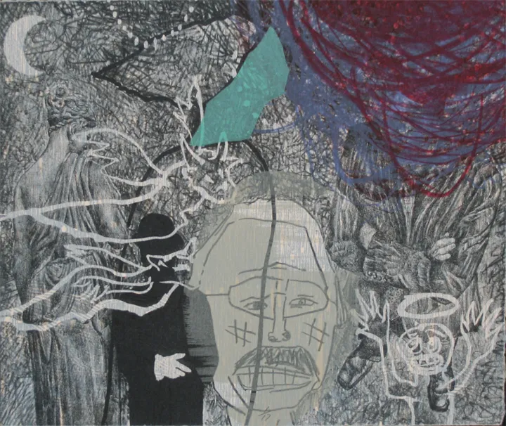 Artwork titled 'One Summer Night' by Ralph L. Steeds. A surreal, layered composition featuring a classical statue figure on the left, a dark silhouetted man in a hat, and a faint, sketch-like face in the center. A dense red scribbled mass dominates the top right corner, contrasting with a crude, cartoon-like stick figure with a halo in the bottom right.