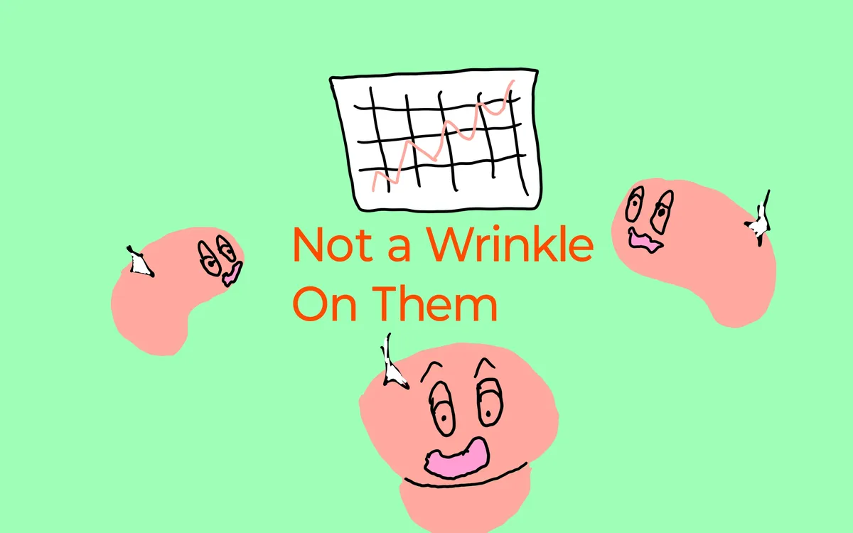 A drawing of three smooth brains (literally) looking at a chart going up on a light green background.