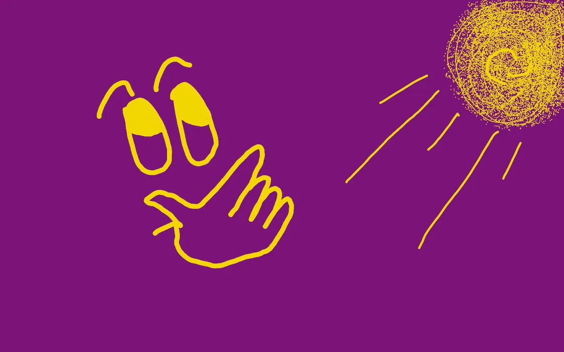 purple background with yellow for drawings in an ms paint style. Drawing of a face thinking with a hand in the shape of a gun over their mouth. They look at the suns rays to the right.