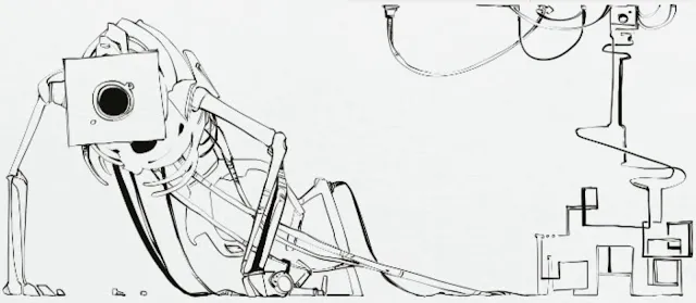 A skeletal Machine on all fours, bound in wires.