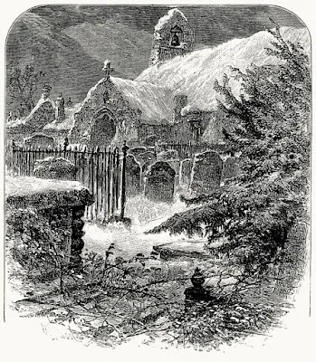 An old church graveyard covered in snow.