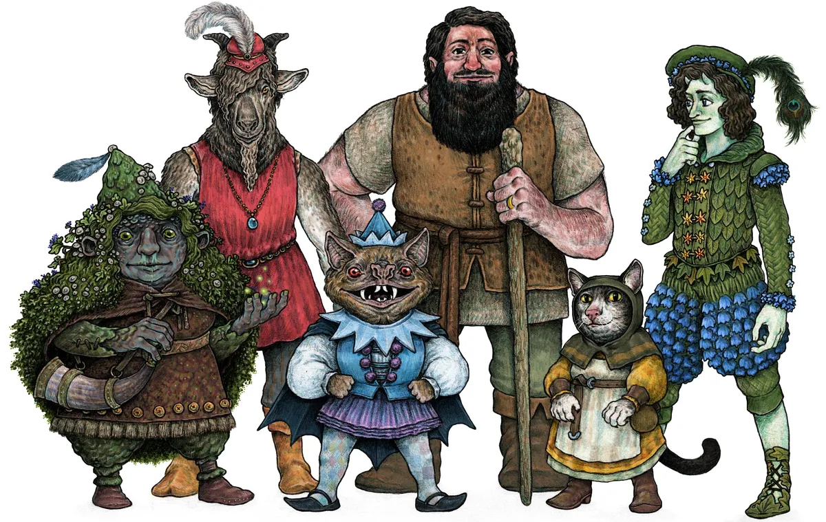 Kindred available to players in Dolmenwood. From left to right: Mossling, Breggle, Woodgrue, Human, Grimalkin, Elf.