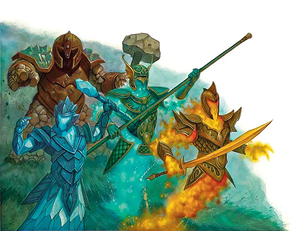 Four elemental myrmidons prepare to attack. They represent air, water, earth, and fire.