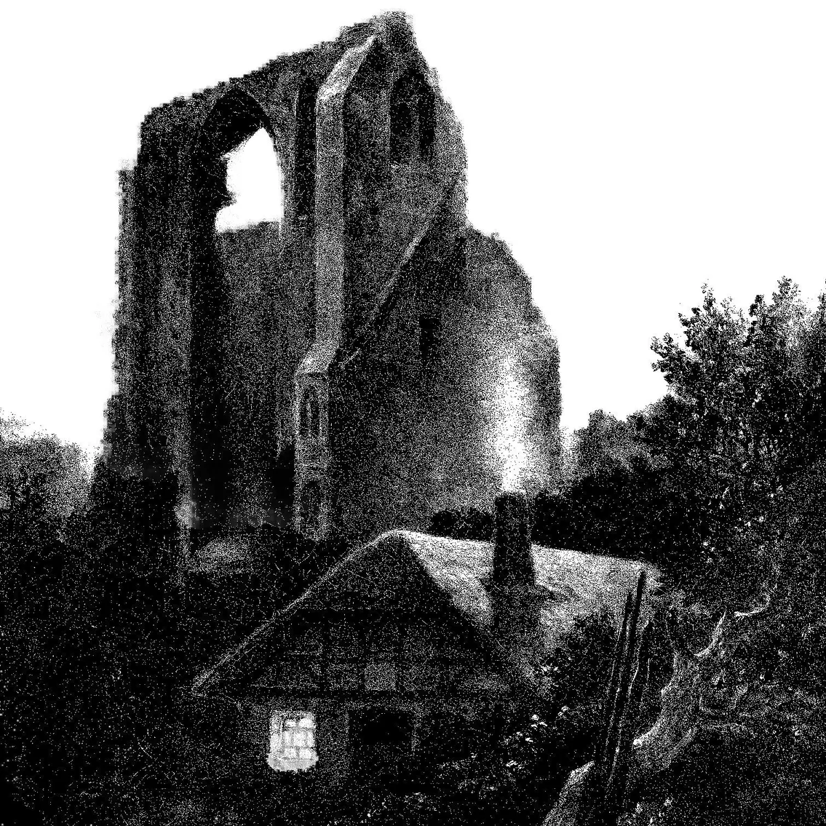 Smoke rises from the chimney of a small cottage. An ominous ruin towers overhead.
