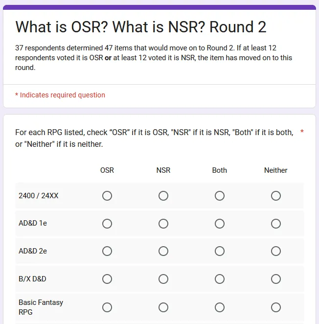 A screenshot of the form described above, with four multiple choice columns for
