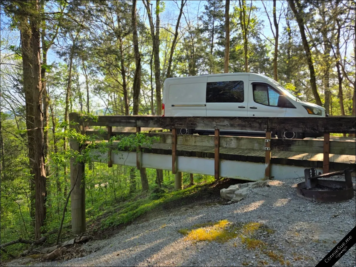 Edgar Evins State Park - Bella all cozied up on the wood platform campsite