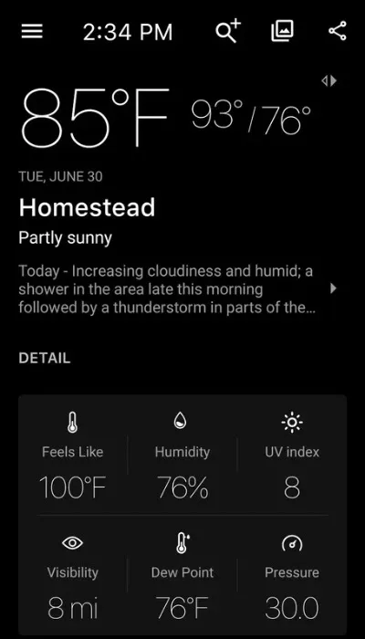 Weather Snapshot for Homestead FL June 30 2:34pm Eastern time