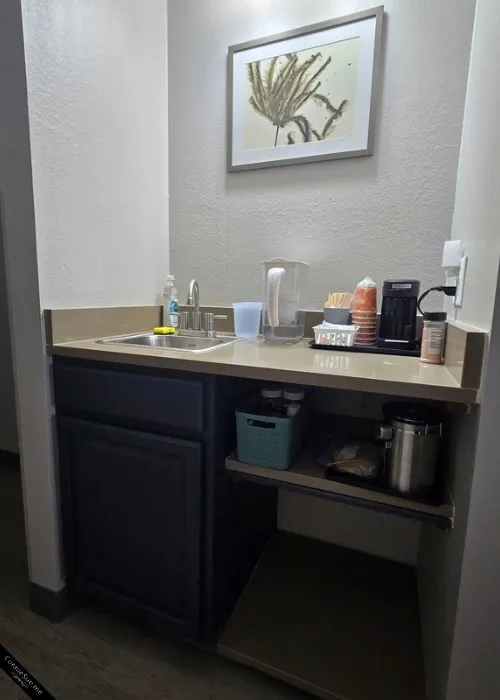Hotel room wet bar area