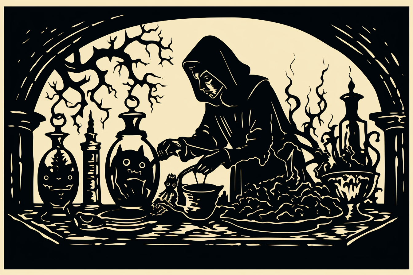 An alchemist preparing potions by Midjourney and me