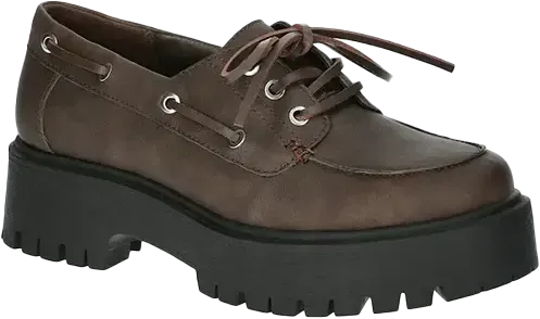 dark brown leather-appearing shoes in a 'boat shoes' style, with short platform soles