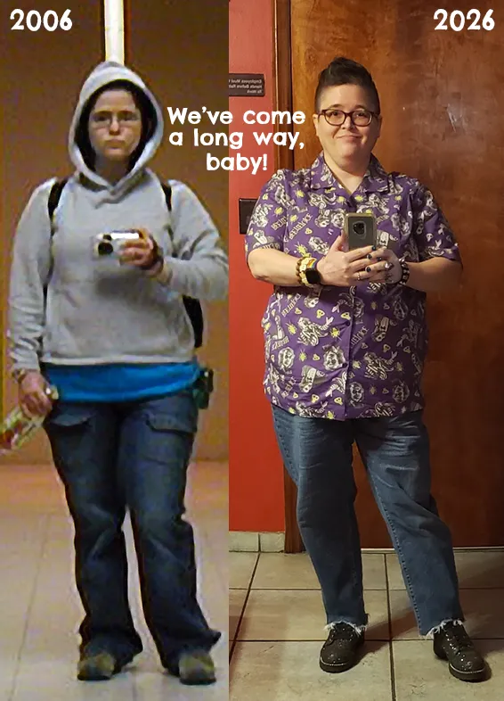 a photo of the author at 22, in college, looking unhappy, contrasted with a brand new photo of the author at 42 looking much happier