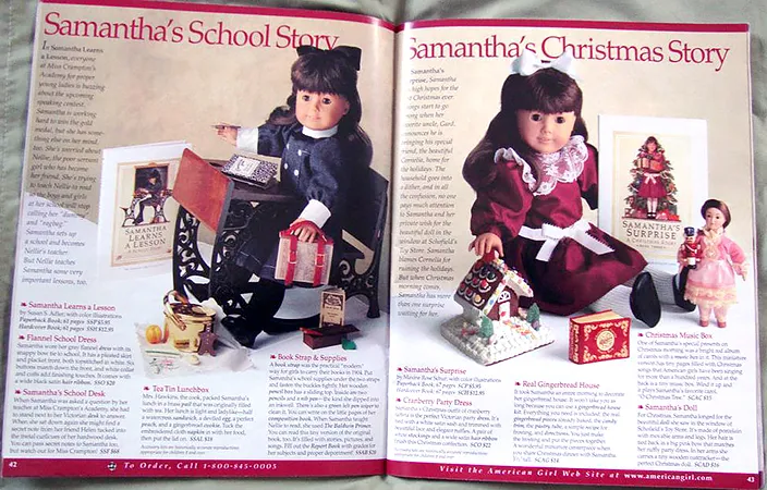 an open American Girl catalog, showing Samantha with her 'school' and 'Christmas' collections respectively