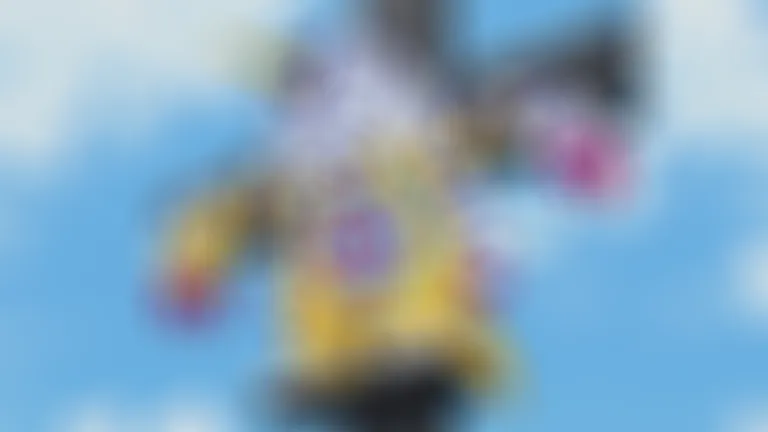 The animated character Gabumon, from Digimon, being crucified (no blood)