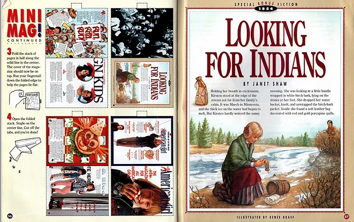 an open American Girl Magazine, showing miniatures pages of the 'mini mag' you could make for your doll one one page, and 'Looking For Indians,' a 'bonus fiction' on the other page