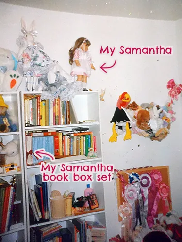 my childhood bedroom, displaying books on bookcases and toys on shelves and a toy hammock, featuring a Samantha doll and her books box set, both labeled with arrows pointing to them