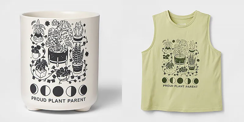 a matching plant pot and tank top featuring simple plant graphics and the phrase 'plant parent'
